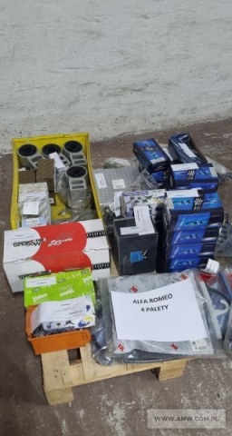 Części zamienne do samochodów ALFA ROMEO - pakiet zawierający 63 poz. asort. (wg oddzielnego wykazu), w tym m.in.: koło dwumasowe Valeo, tarcze i klocki hamulcowe, pompy wody, tuleje wahacza, wahacze, filtry oleju, łączniki stabilizatora, chłodnica wody itp. 
