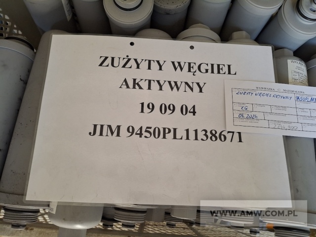 Zużyty węgiel aktywny (przeterminowany węgiel aktywny do filtrów wody luzem i w kolumnach plastikowych) /kod odpadu 19 09 04/ 