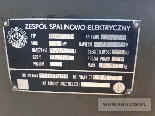 Zespół spalinowo-elektryczny PAB-4-3/400/01/P1 (4 kW, 230/400V, 50 Hz) (na przyczepie 1-osiowej 0,8 t) 