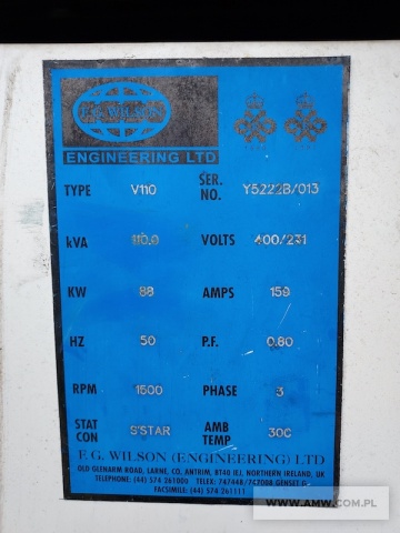 Agregat prądotwórczy FG WILSON V 110 (88 kW, 400/231 V, 50 Hz) na ramie (silnik VOLVO PENTA TD610G) 