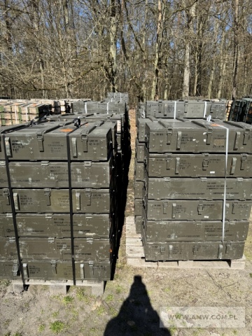 Skrzynie drewniane (łącznie 3 824 szt.) - pakiet zawierający 7 poz. asort., w tym: do nabojów ćwiczebnych 120x570 1 200x220x260 mm - 440 szt., do granatów ręcznych 490x410x190 mm - 696 szt., do nabojów moździerzowych 98 985x230 mm - 350 szt., do nabojów moździerzowych 120 965x385x250 mm - 550 szt., do nabojów 57 S-60 640x590x210 mm - 194 szt., do amunicji strzeleckiej - 800 szt., do nabojów PG-7 880x450x265 mm - 794 szt. 